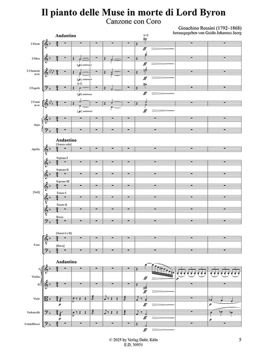 Il pianto delle Muse in morte di Lord Byron für Tenorsolo und sechs weitere Soli, dreistimmigen Männerchor und Orchester (Klavier) (1824) -Canzone con Coro- Orchestra scores gallery preview page 2