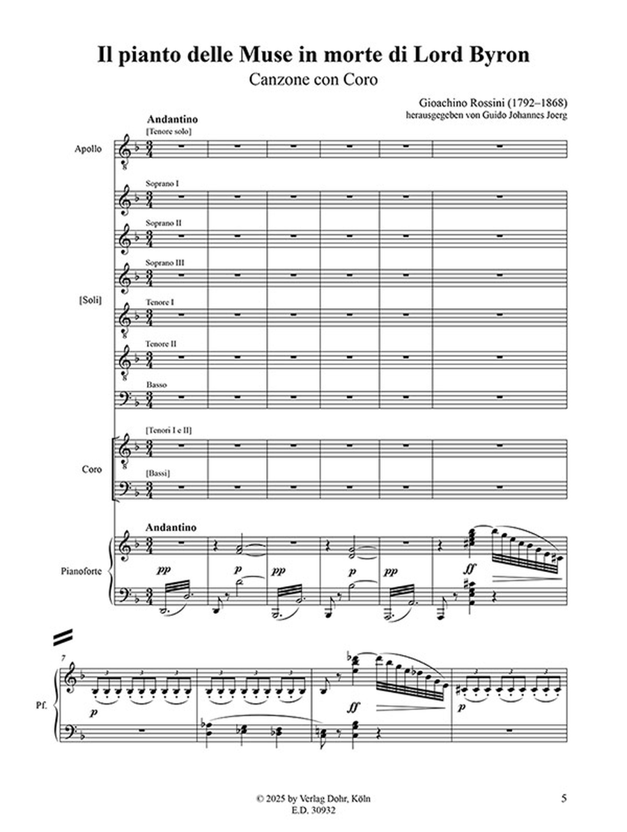 Il pianto delle Muse in morte di Lord Byron für Tenorsolo und sechs weitere Soli, dreistimmigen Männerchor und Orchester (Klavier) (1824) -Canzone con Coro- Piano scores gallery preview page 2