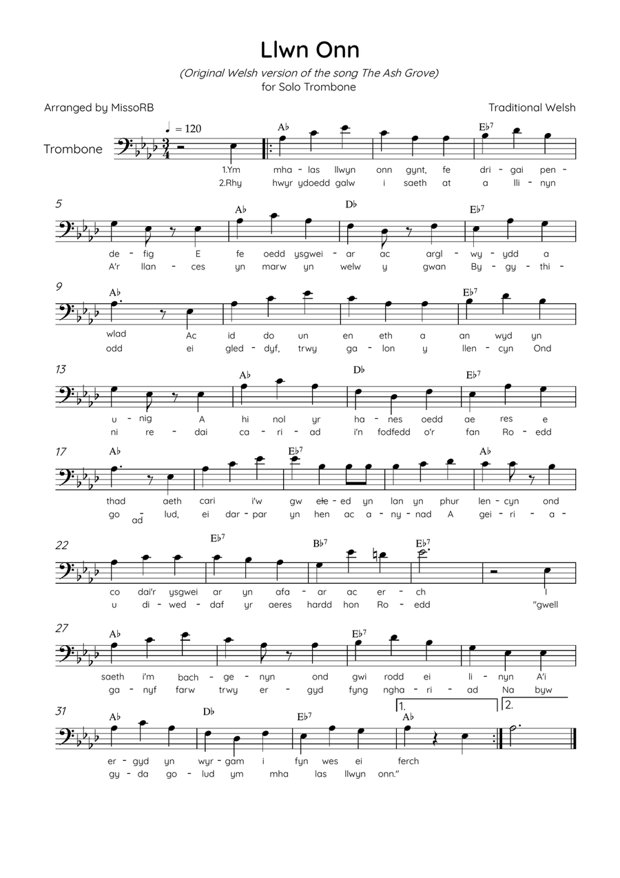 Llwn Onn - Solo Trombone in Ab Major With Lyrics & Chords (Traditional lyrics of the original Welsh) Trombone Solo scores gallery preview page 1
