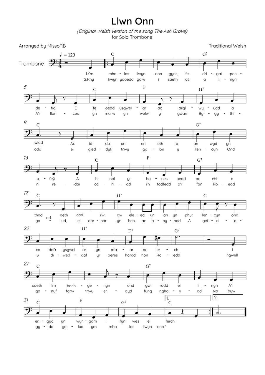 Llwn Onn - Solo Trombone in C Major With Lyrics & Chords (Traditional lyrics of the original Welsh) Trombone Solo scores gallery preview page 1