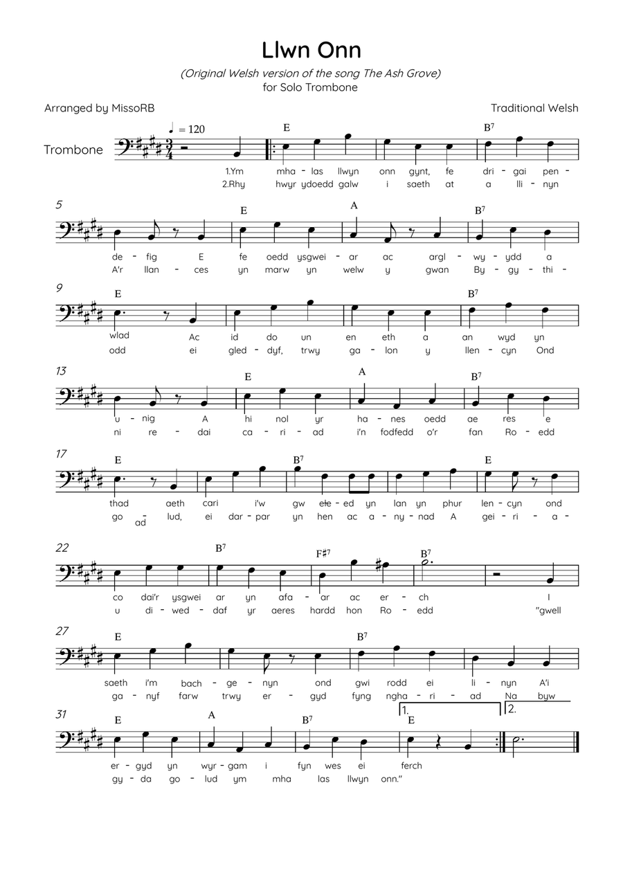 Llwn Onn - Solo Trombone in E Major With Lyrics & Chords (Traditional lyrics of the original Welsh) Trombone Solo scores gallery preview page 1