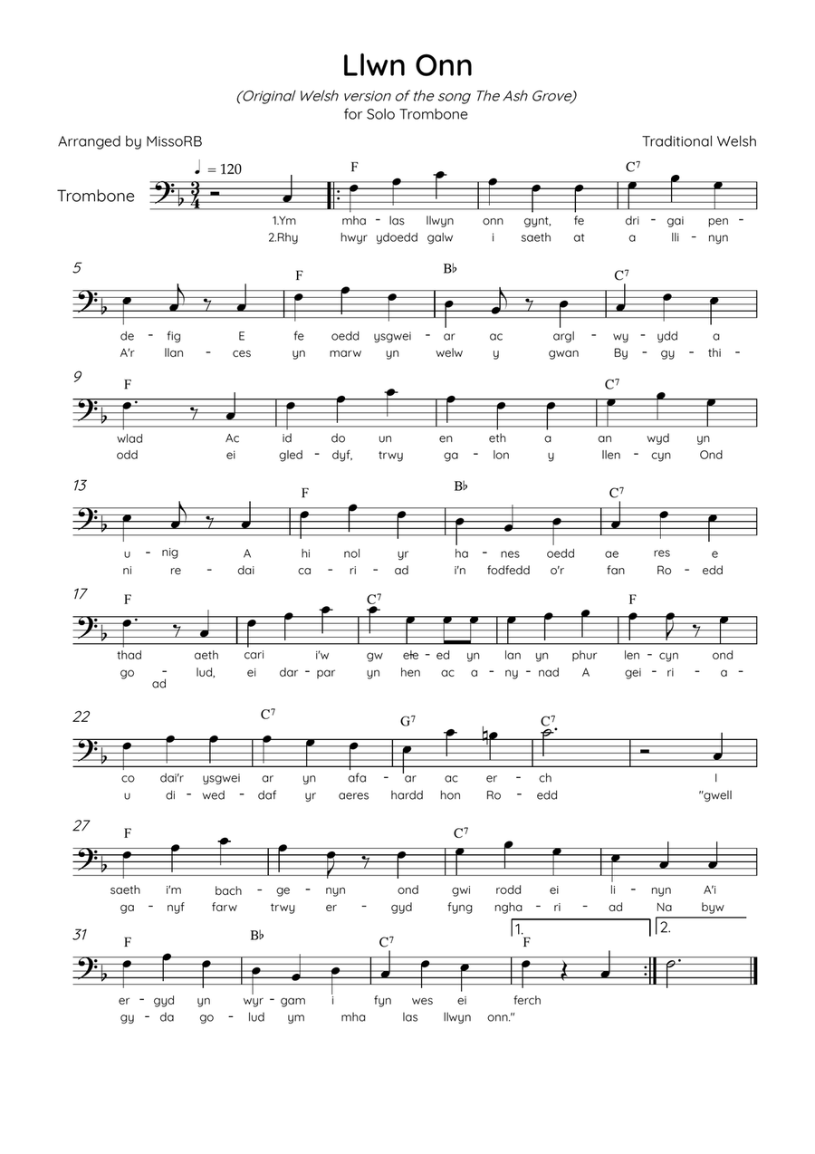 Llwn Onn - Solo Trombone in F Major With Lyrics & Chords (Traditional lyrics of the original Welsh) Trombone Solo scores gallery preview page 1