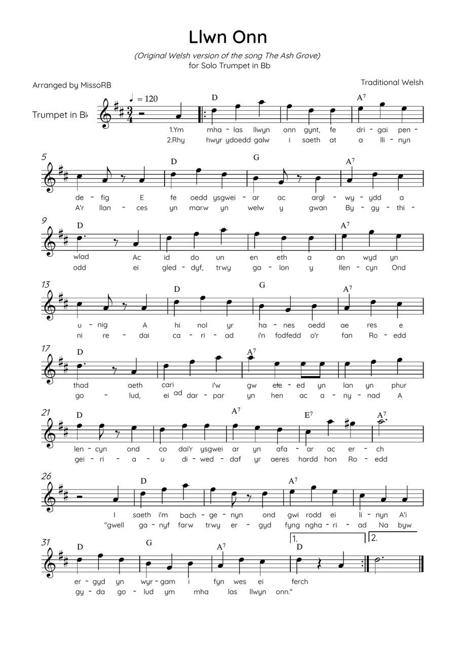 Llwn Onn - Solo Trumpet in C Major With Lyrics & Chords (Trad. lyrics of the original Welsh) C Trumpet scores gallery preview page 1