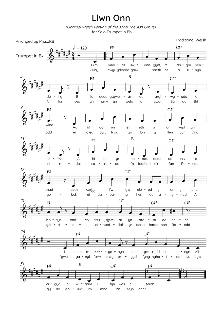 Llwn Onn - Solo Trumpet in E Major With Lyrics & Chords (Trad. lyrics of the original Welsh) Trumpet Solo scores gallery preview page 1