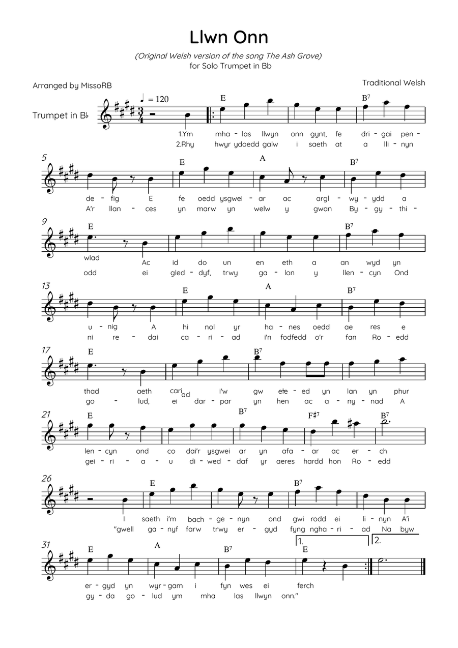 Llwn Onn - Solo Trumpet in D Major With Lyrics & Chords (Trad. lyrics of the original Welsh) Trumpet Solo scores gallery preview page 1