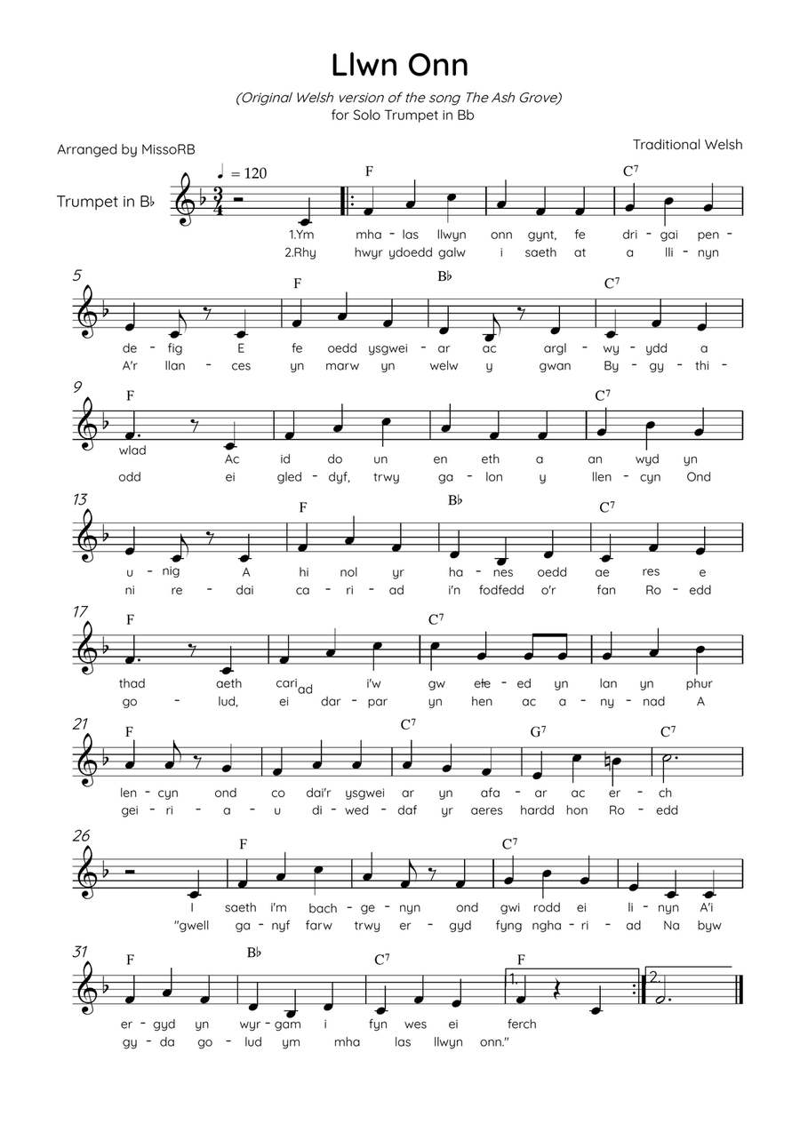 Llwn Onn - Solo Trumpet in Eb Major With Lyrics & Chords (Trad. lyrics of the original Welsh) Trumpet Solo scores gallery preview page 1