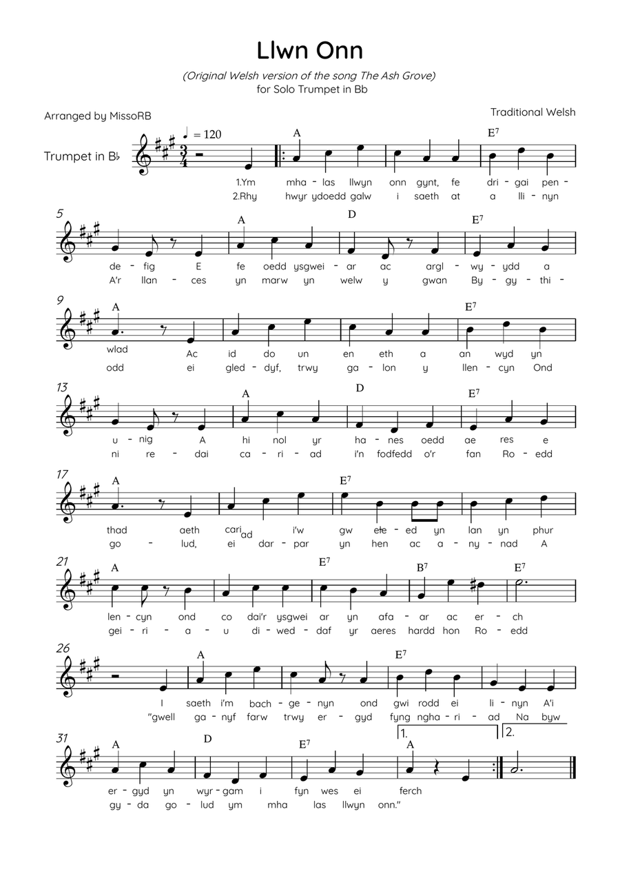 Llwn Onn - Solo Trumpet in G Major With Lyrics & Chords (Trad. lyrics of the original Welsh) Trumpet Solo scores gallery preview page 1