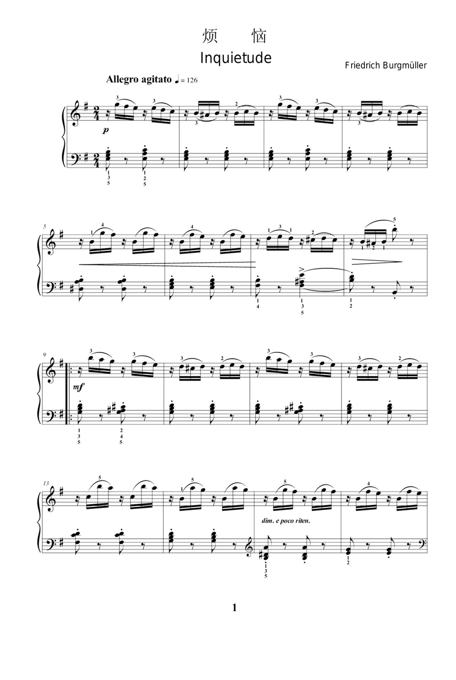 Inquietude - Friedrich Burgmüller Piano Method scores gallery preview page 1