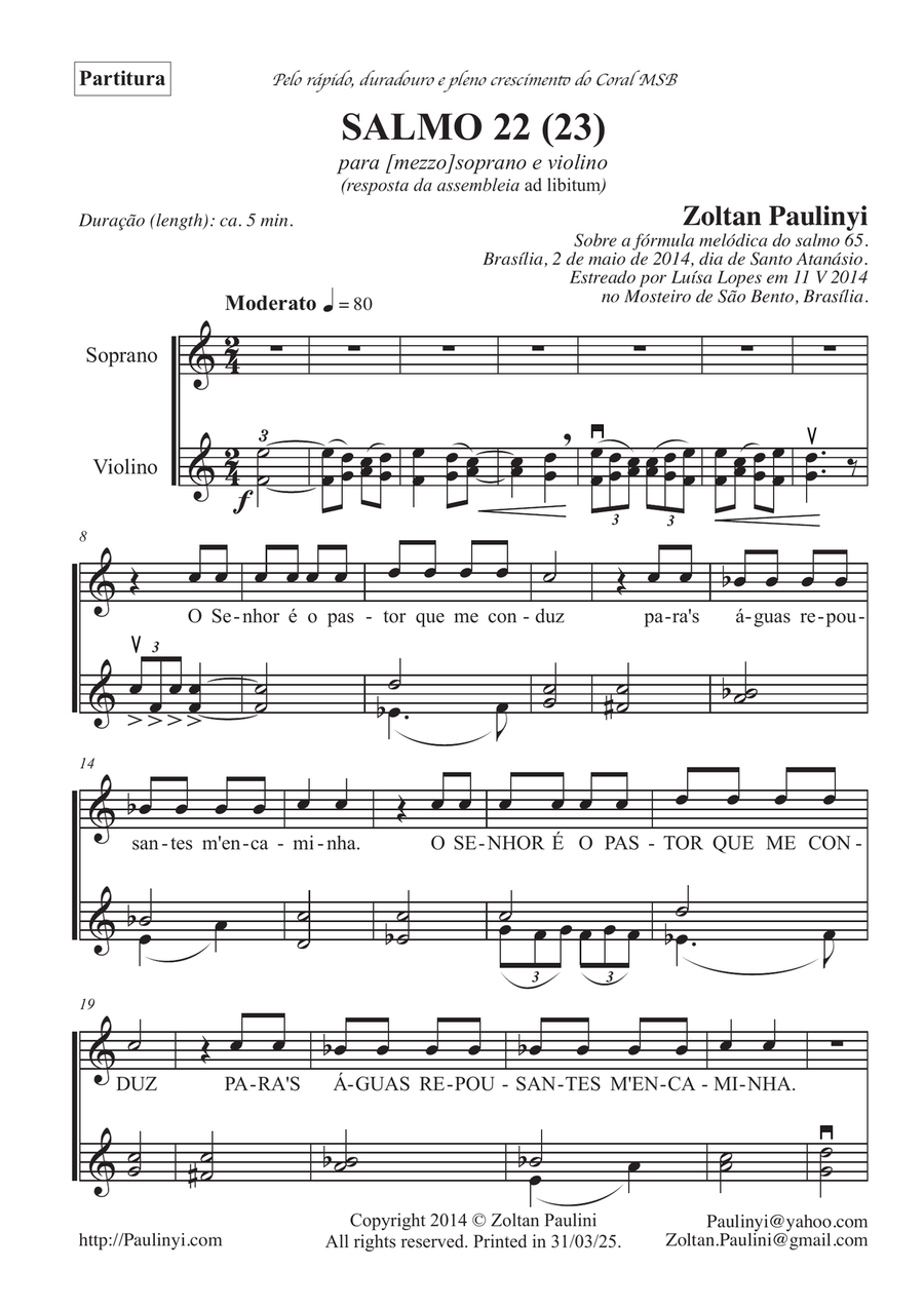 Salmo 23 (22) em Português para violino & soprano (resposta da assembleia ad libitum) Chamber Music scores gallery preview page 1