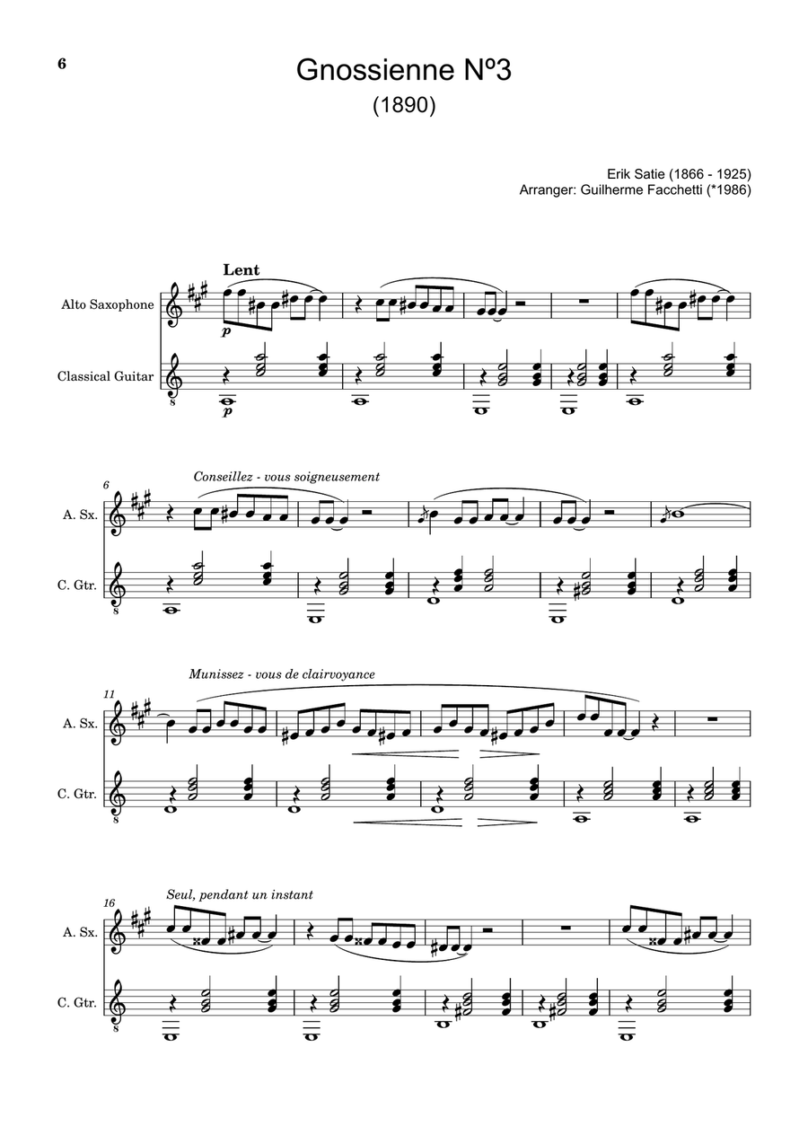 Six Gnossiennes. Three Gymnopédies - Arranged for A. Sax. and Guitar. Chamber Music scores gallery preview page 6