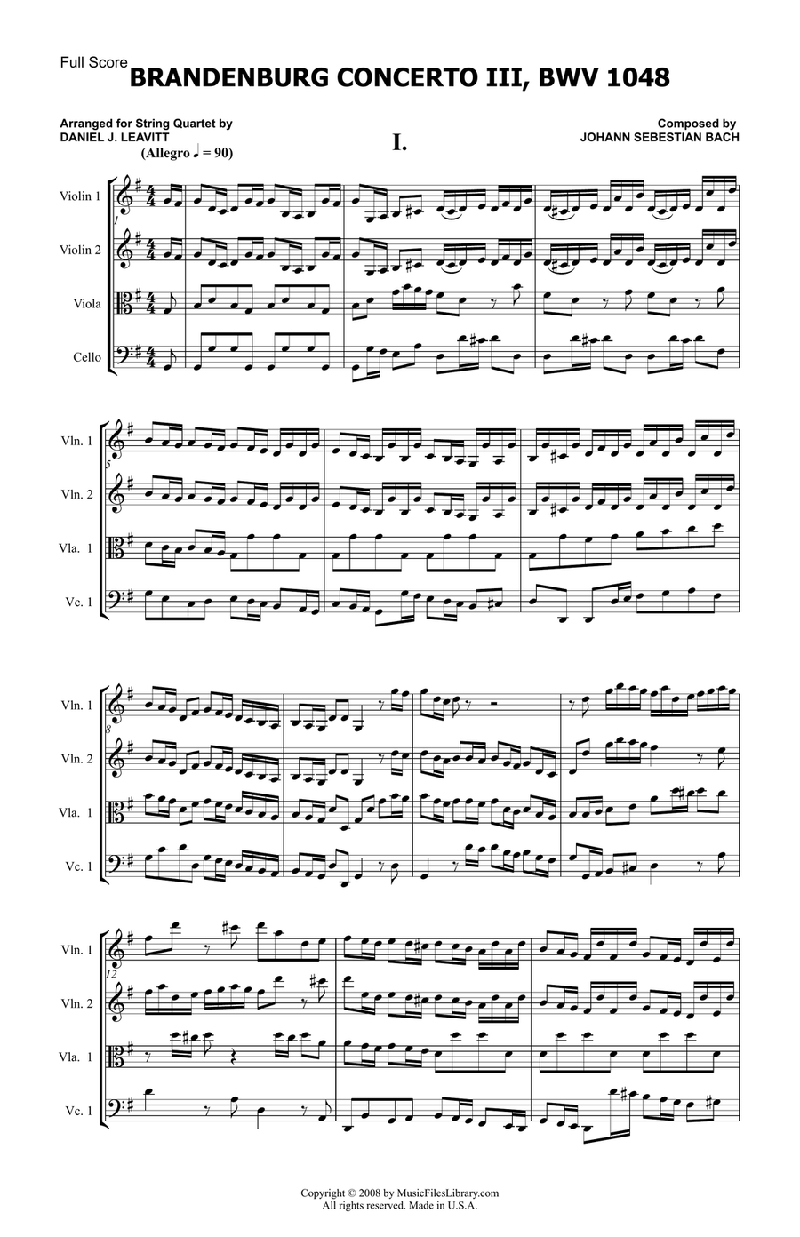 Brandenburg Concerto No. 3 String Quartet scores gallery preview page 1