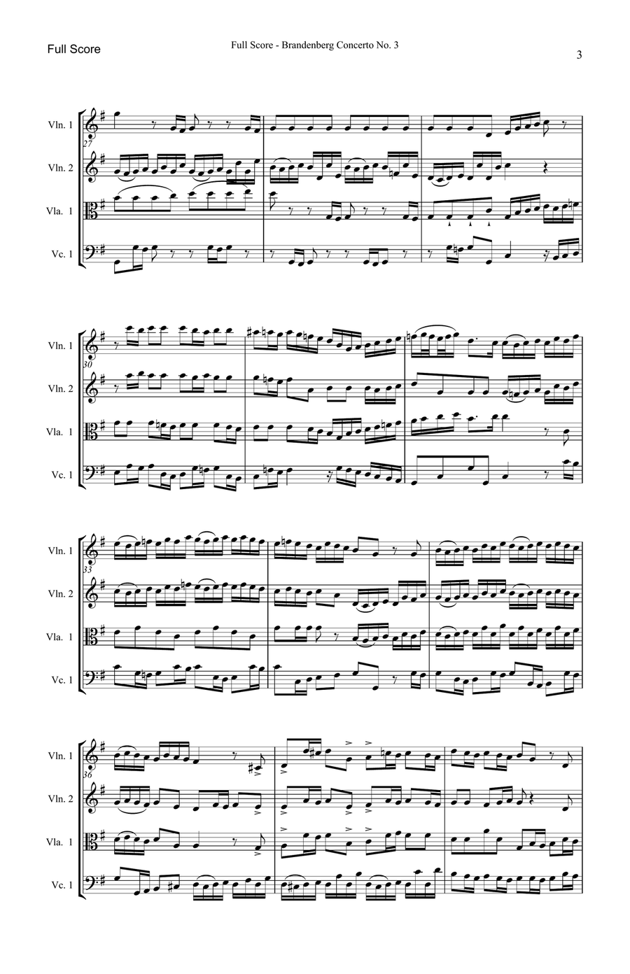 Brandenburg Concerto No. 3 String Quartet scores gallery preview page 3