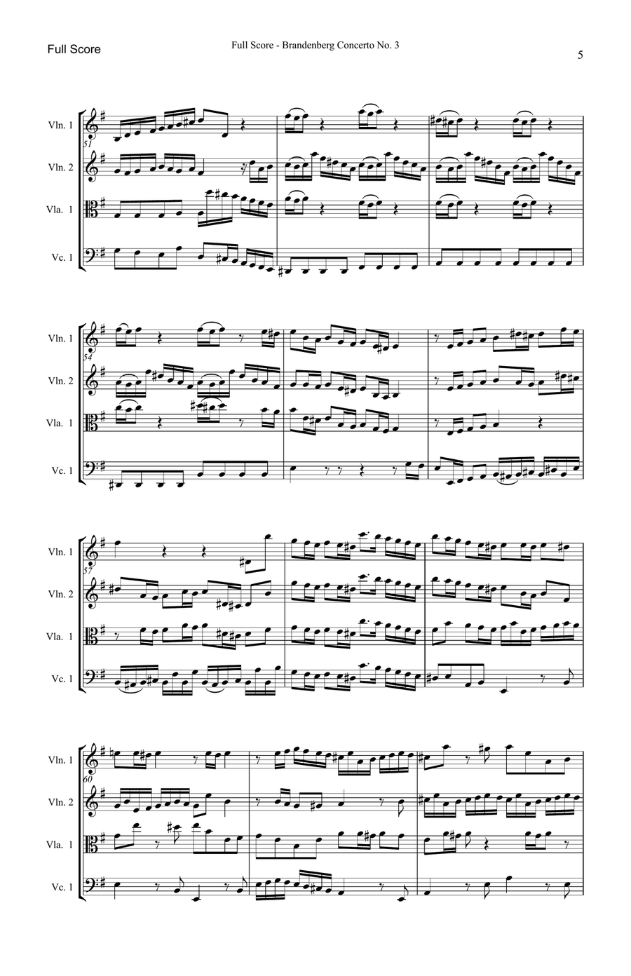 Brandenburg Concerto No. 3 String Quartet scores gallery preview page 5