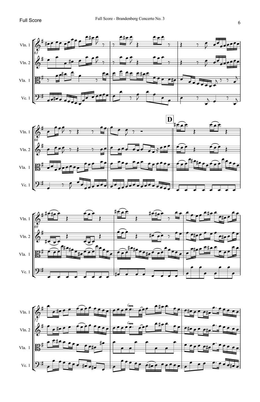Brandenburg Concerto No. 3 String Quartet scores gallery preview page 6