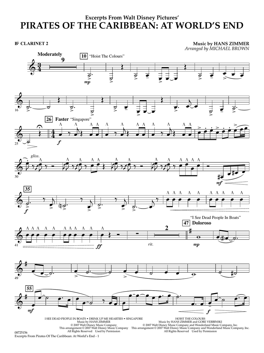 Pirates Of The Caribbean: At World's End (Excerpts) (arr. Michael Brown) - Bb Clarinet 2 Concert Band scores gallery preview page 1