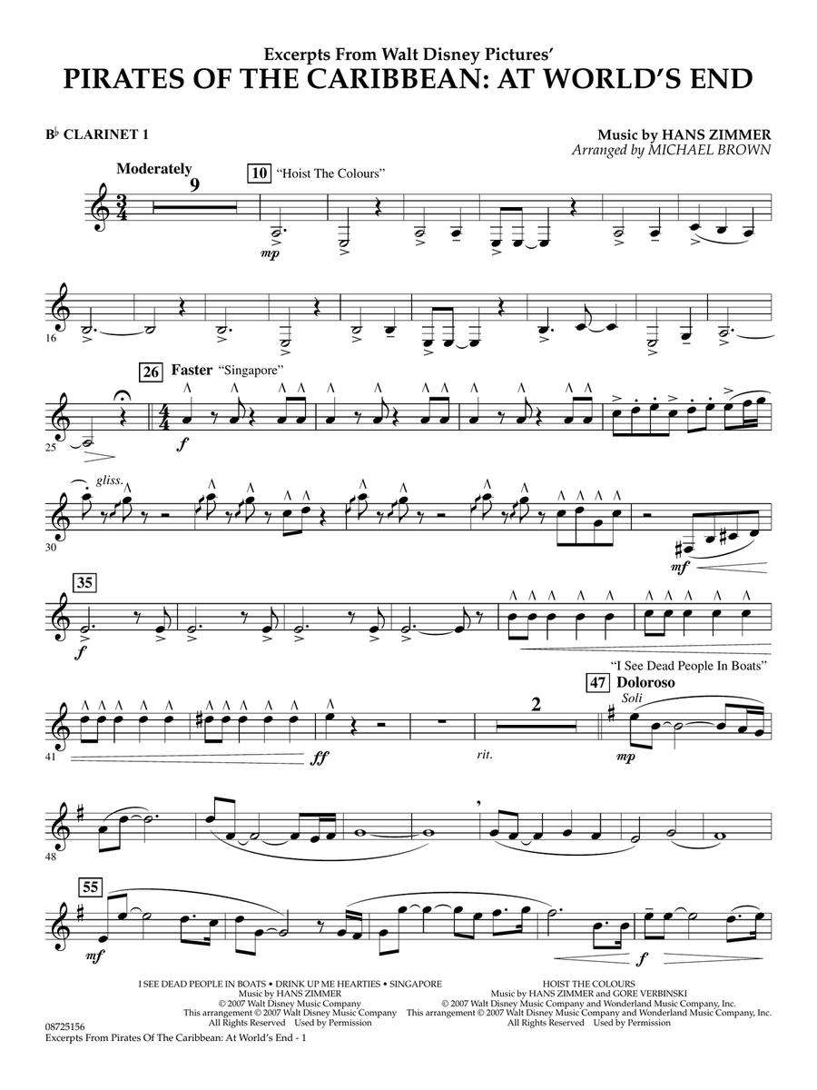 Pirates Of The Caribbean: At World's End (Excerpts) (arr. Michael Brown) - Bb Clarinet 1 Concert Band scores gallery preview page 1