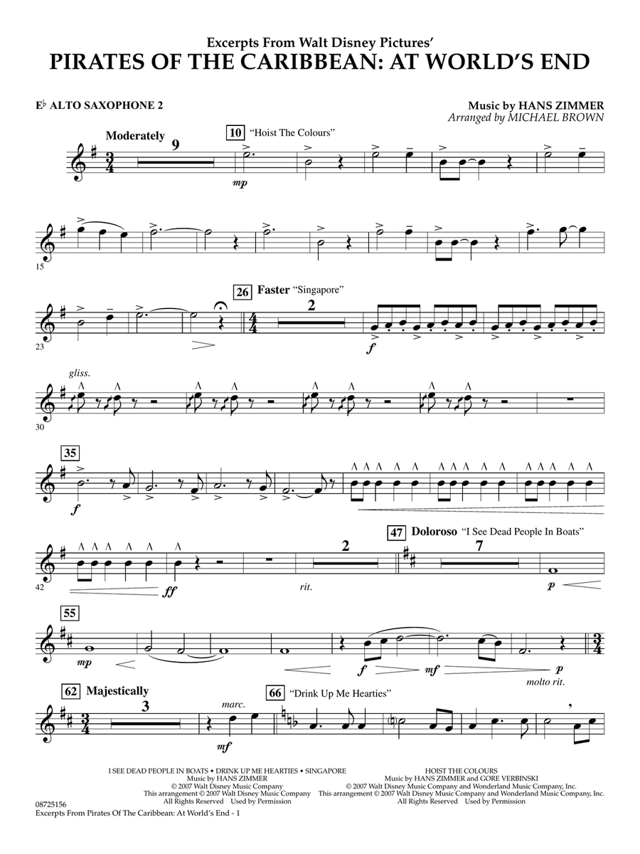 Pirates Of The Caribbean: At World's End (Excerpts) (arr. Michael Brown) - Eb Alto Saxophone 2 Concert Band scores gallery preview page 1