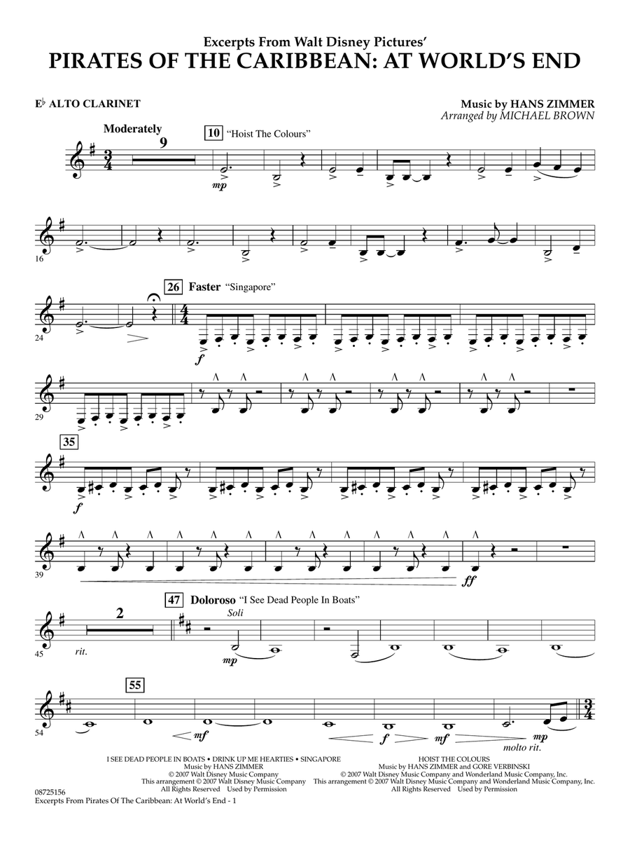 Pirates Of The Caribbean: At World's End (Excerpts) (arr. Michael Brown) - Eb Alto Clarinet Concert Band scores gallery preview page 1