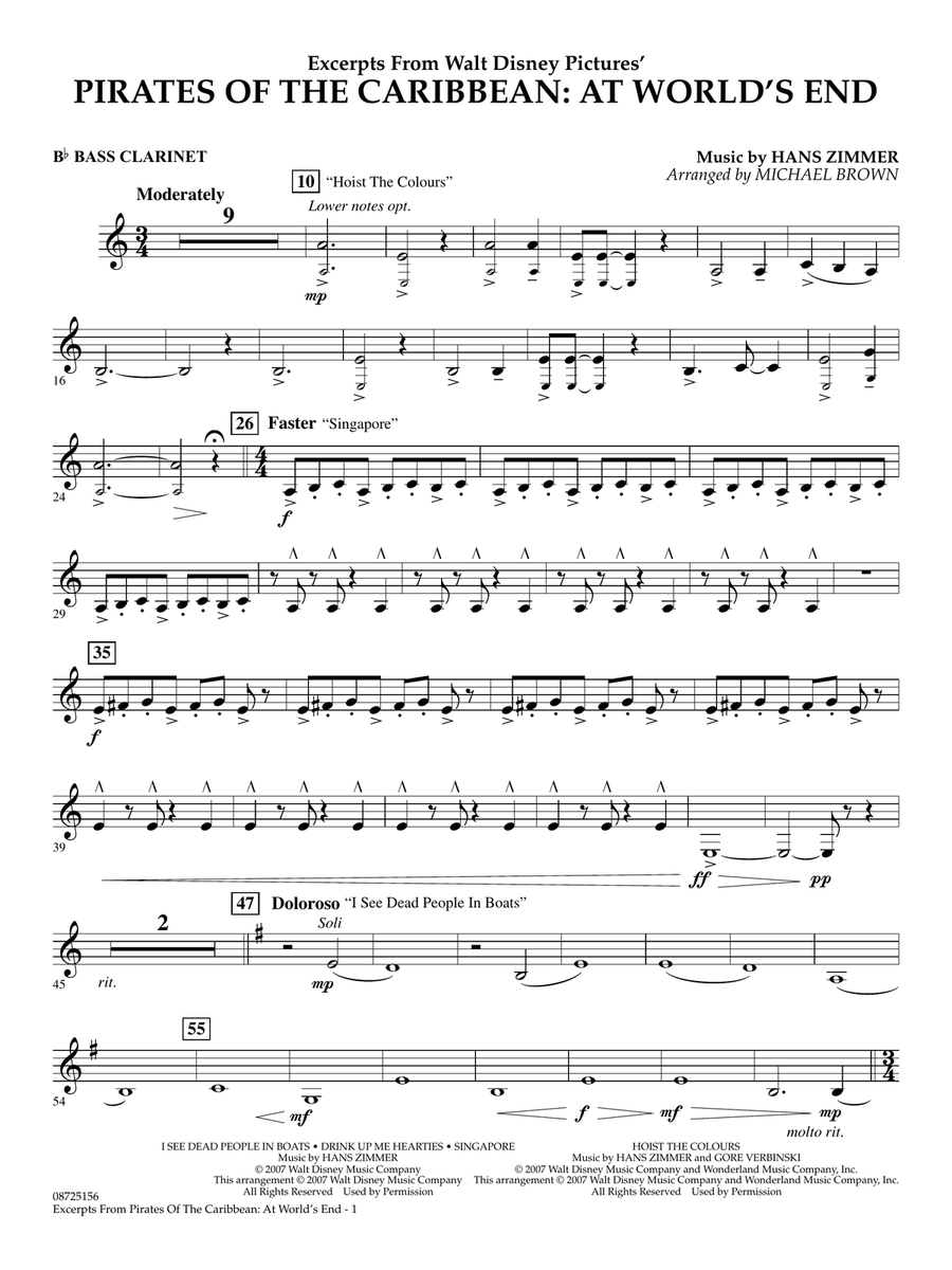 Pirates Of The Caribbean: At World's End (Excerpts) (arr. Michael Brown) - Bb Bass Clarinet Concert Band scores gallery preview page 1