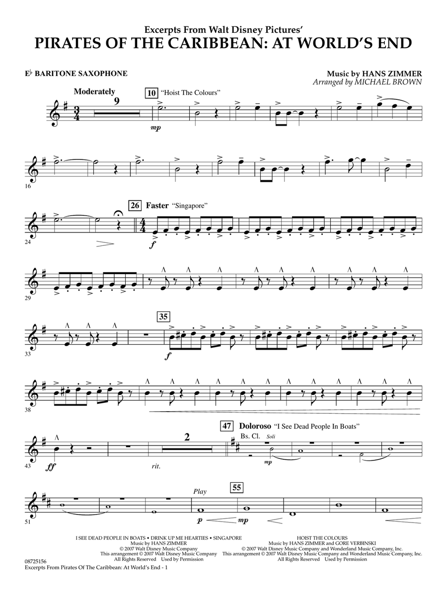 Pirates Of The Caribbean: At World's End (Excerpts) (arr. Michael Brown) - Eb Baritone Saxophone Concert Band scores gallery preview page 1