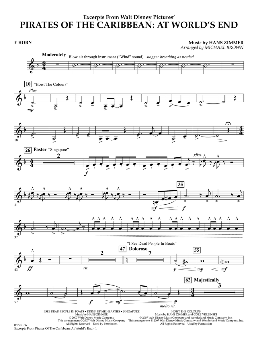 Pirates Of The Caribbean: At World's End (Excerpts) (arr. Michael Brown) - F Horn Concert Band scores gallery preview page 1