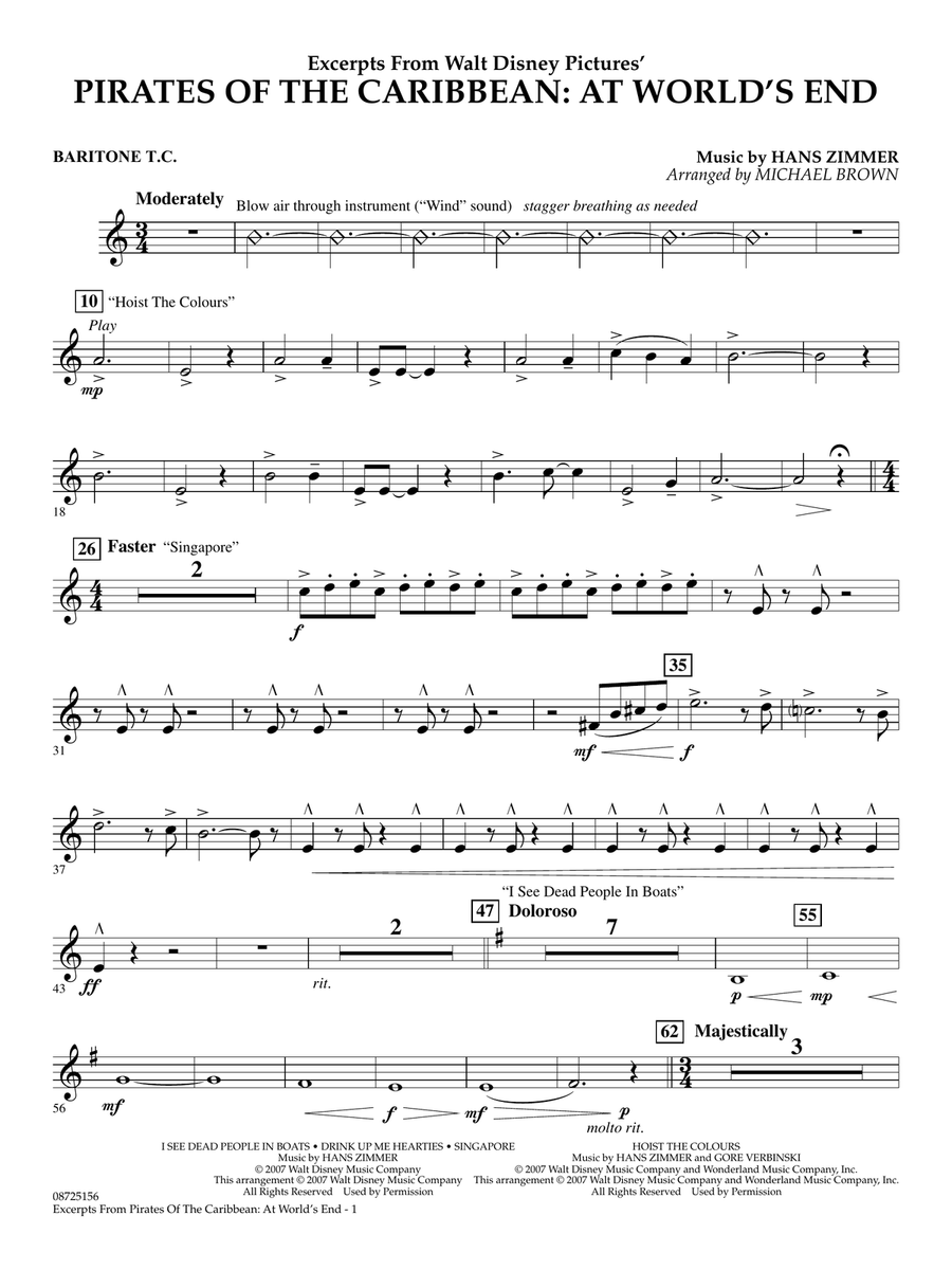 Pirates Of The Caribbean: At World's End (Excerpts) (arr. Michael Brown) - Baritone T.C. Concert Band scores gallery preview page 1