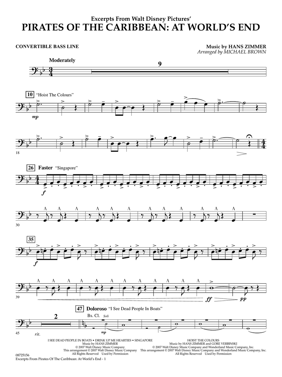 Pirates Of The Caribbean: At World's End (Excerpts) (arr. Michael Brown) - Convertible Bass Line Concert Band scores gallery preview page 1