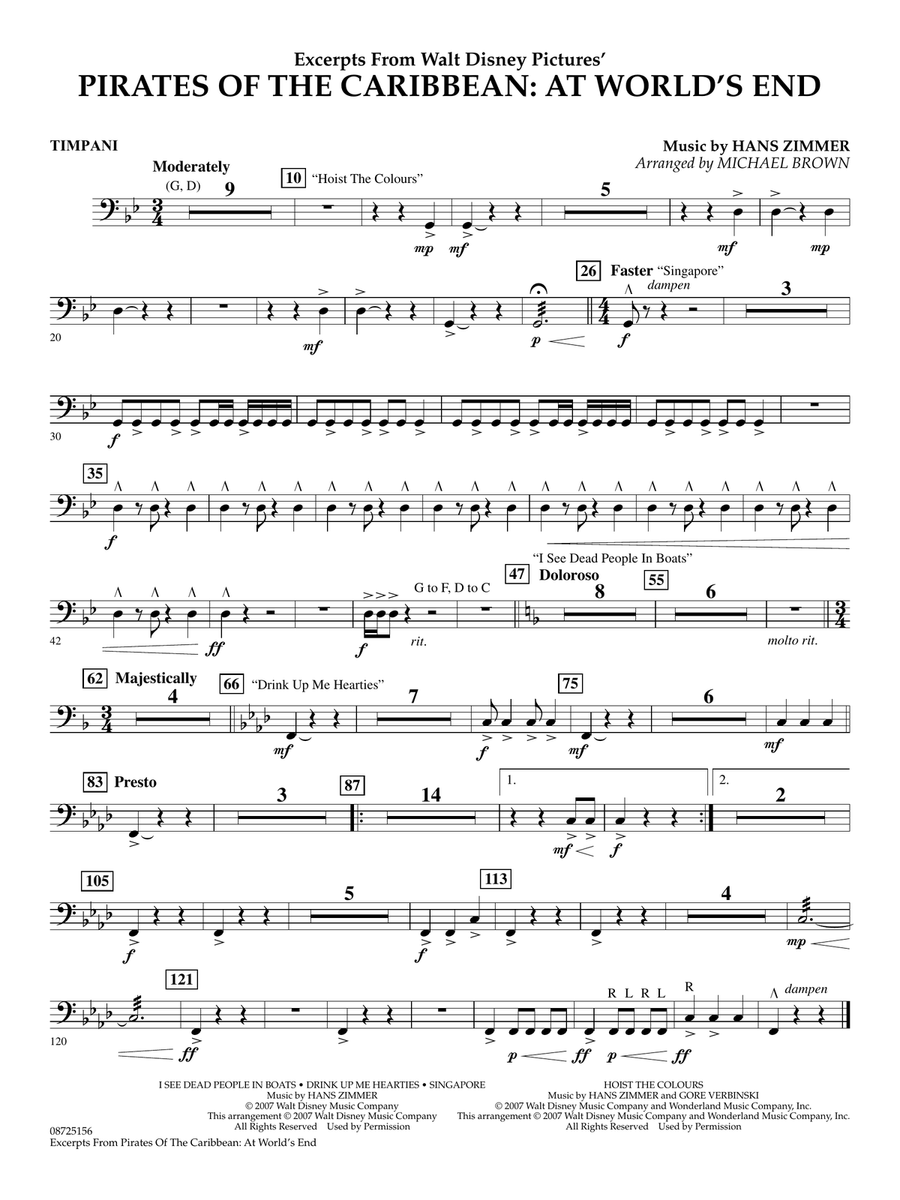 Pirates Of The Caribbean: At World's End (Excerpts) (arr. Michael Brown) - Timpani Concert Band scores gallery preview page 1