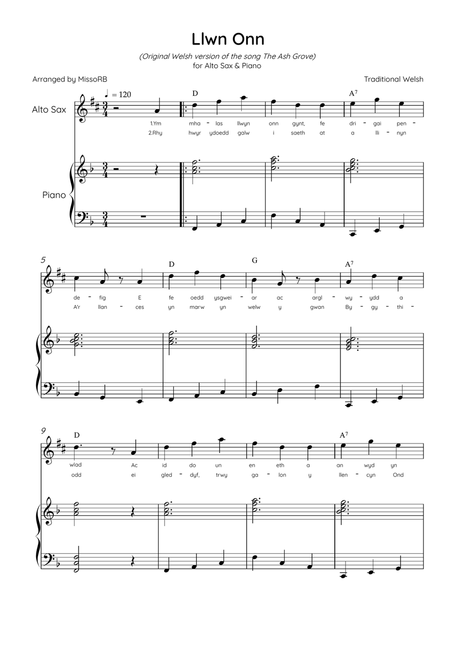 Llwn Onn - Ato Sax & Piano in F Major With Lyrics & Chords (Trad. lyrics of the original Welsh) Alto Saxophone scores gallery preview page 1