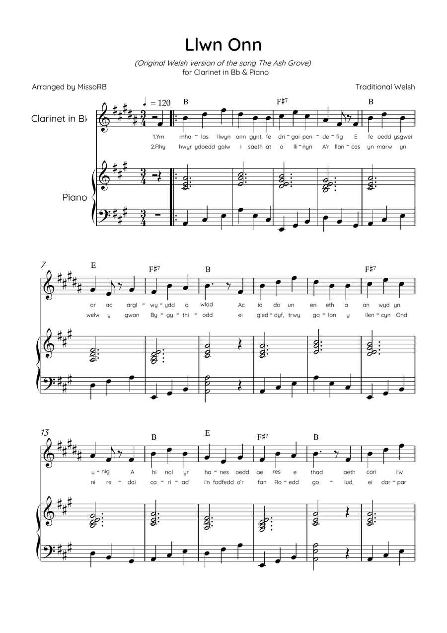 Llwn Onn - Clarinet & Piano in A Major With Lyrics & Chords (Trad. lyrics of the original Welsh) Bass Clarinet scores gallery preview page 1
