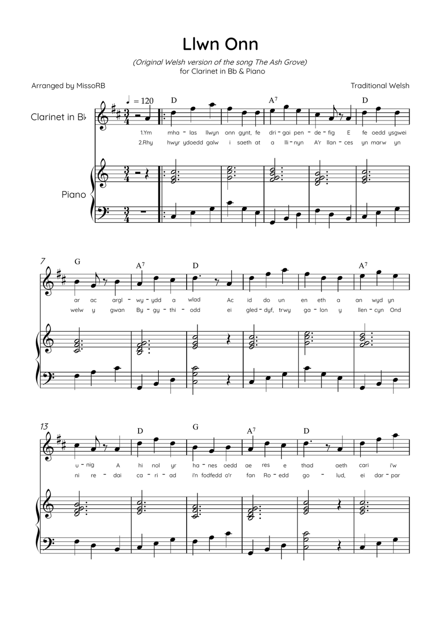 Llwn Onn - Clarinet & Piano in C Major With Lyrics & Chords (Trad. lyrics of the original Welsh) Bass Clarinet scores gallery preview page 1