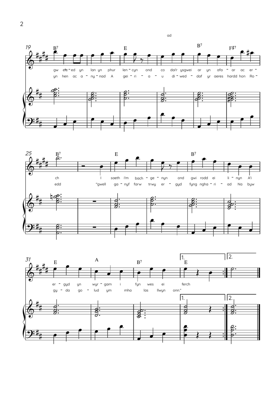 Llwn Onn - Clarinet & Piano in D Major With Lyrics & Chords (Trad. lyrics of the original Welsh) Bass Clarinet scores gallery preview page 2