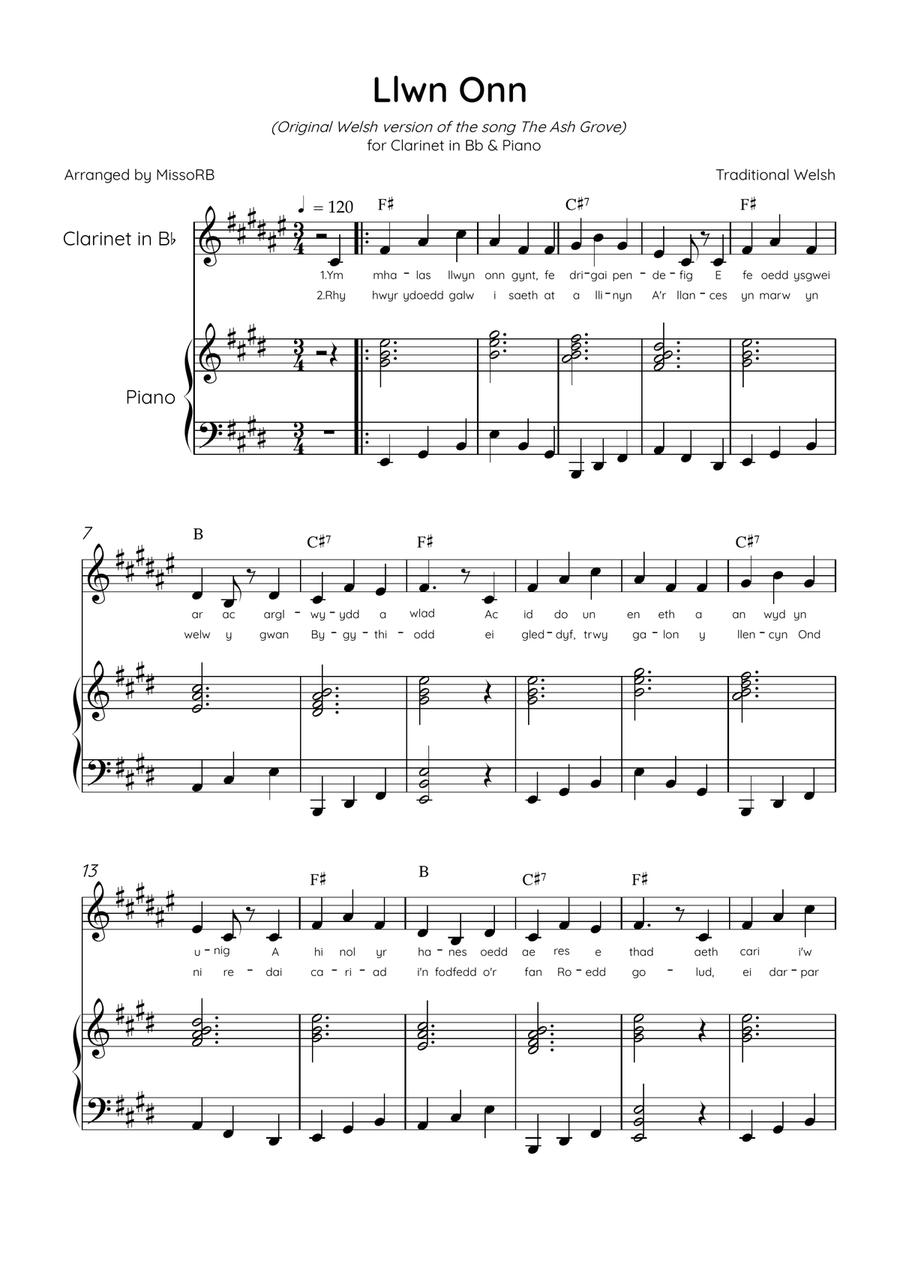 Llwn Onn - Clarinet & Piano in E Major With Lyrics & Chords (Trad. lyrics of the original Welsh) Bass Clarinet scores gallery preview page 1