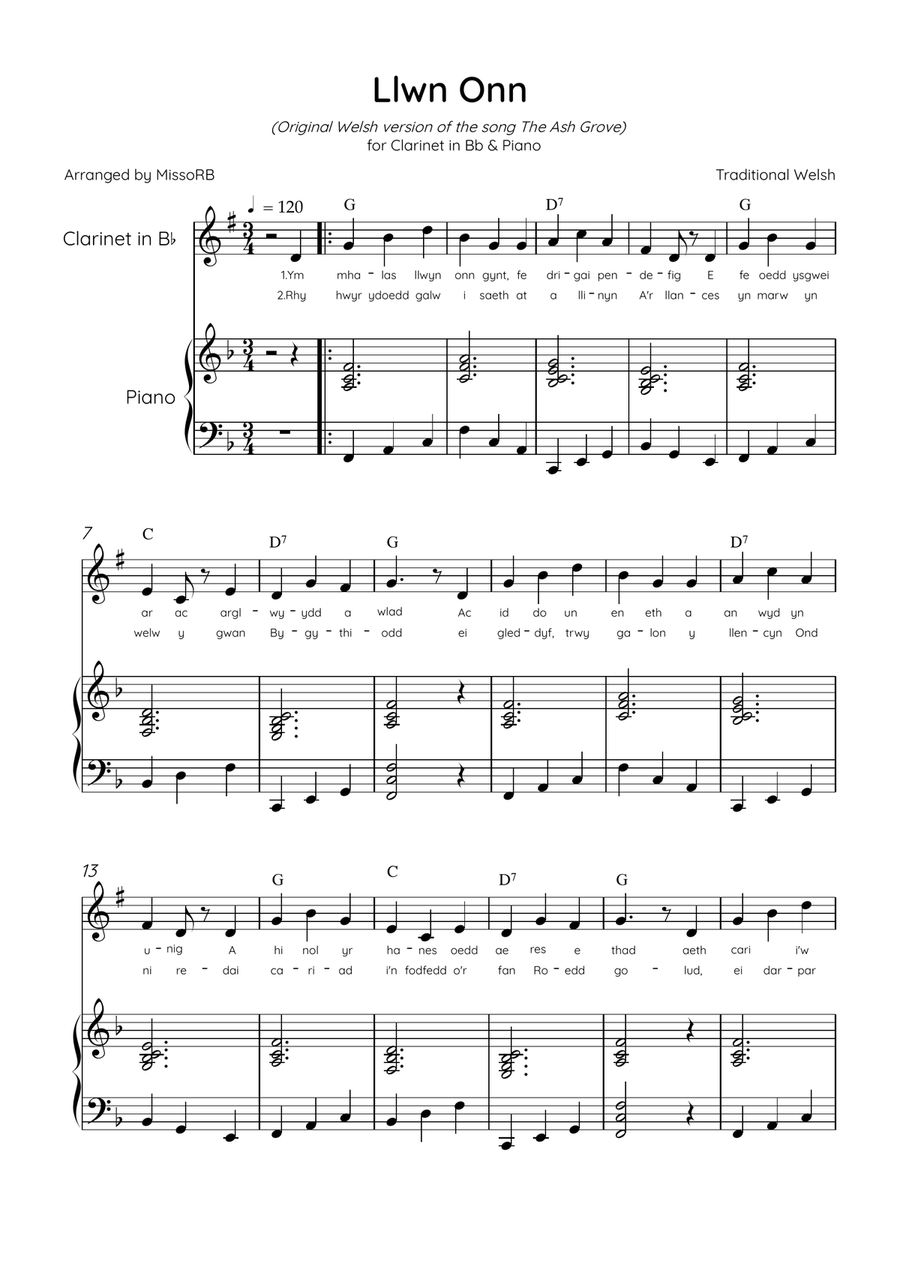 Llwn Onn - Clarinet & Piano in F Major With Lyrics & Chords (Trad. lyrics of the original Welsh) Bass Clarinet scores gallery preview page 1