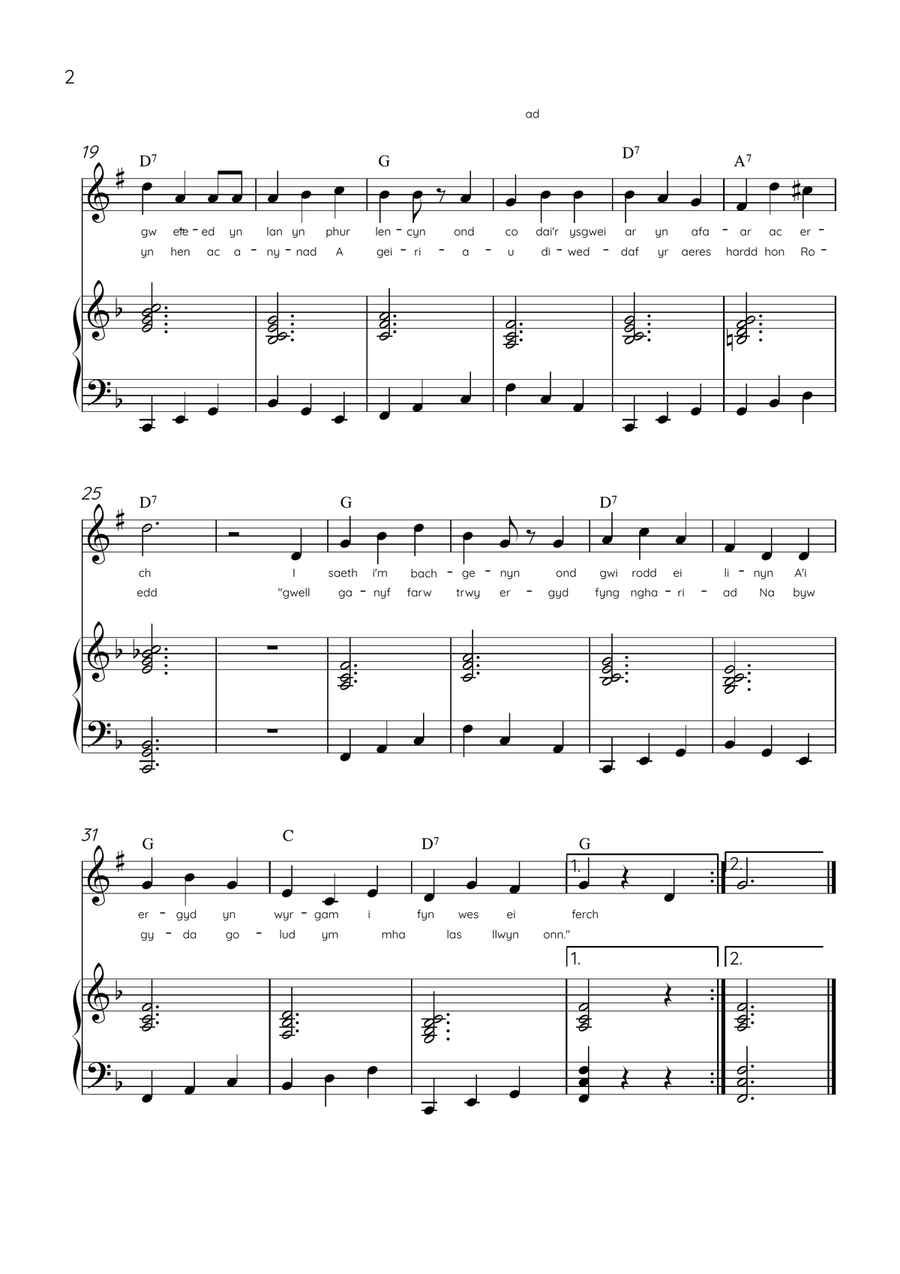Llwn Onn - Clarinet & Piano in F Major With Lyrics & Chords (Trad. lyrics of the original Welsh) Bass Clarinet scores gallery preview page 2