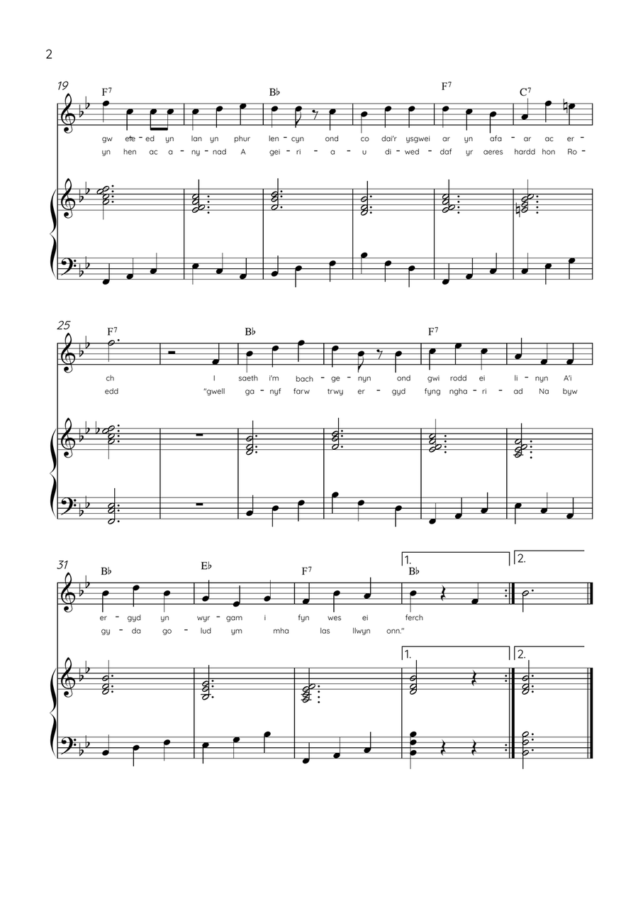Llwn Onn - flute & Piano in Bb Major With Lyrics & Chords (Traditional lyrics of the original Welsh) Flute Solo scores gallery preview page 2