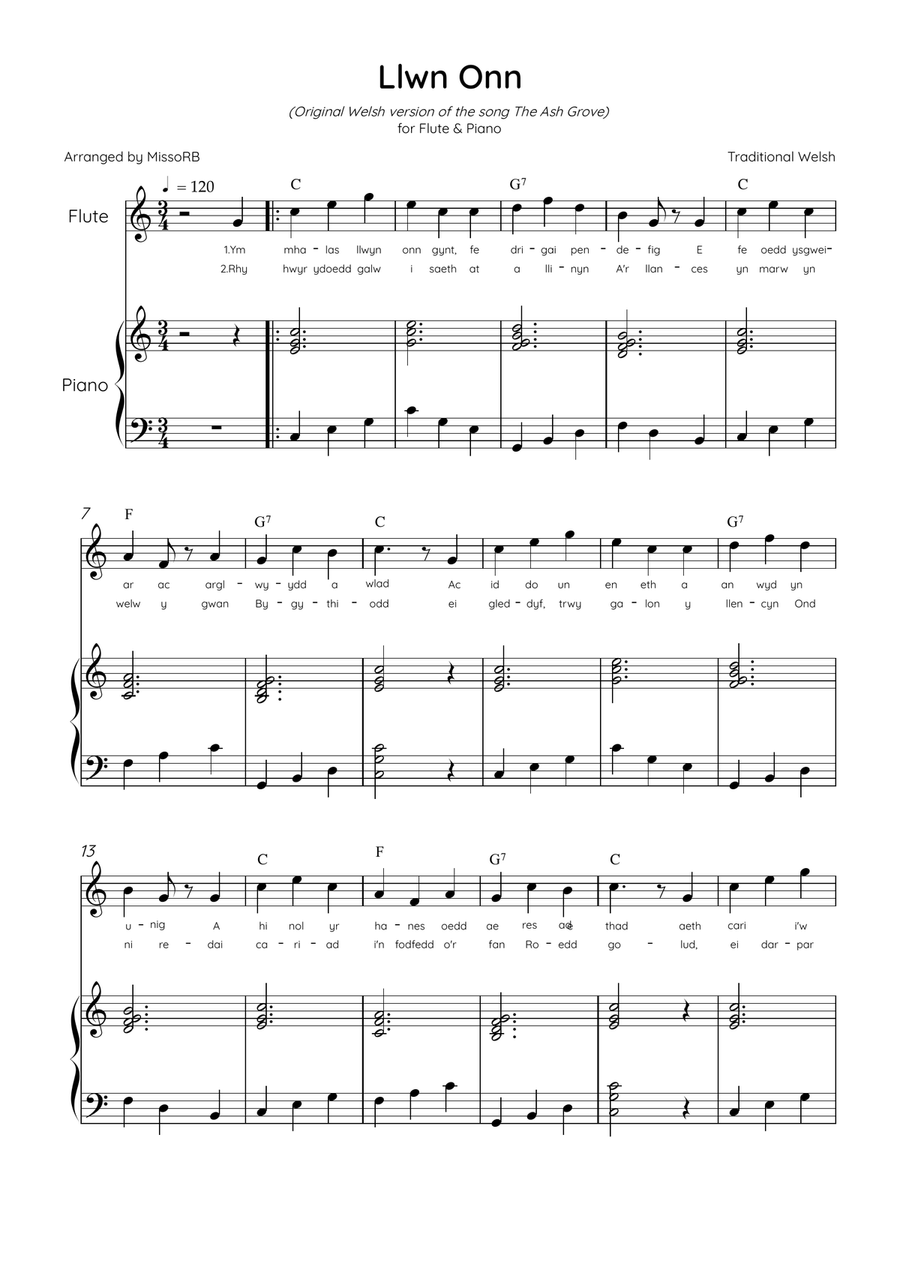 Llwn Onn - flute & Piano in C Major With Lyrics & Chords (Traditional lyrics of the original Welsh) Flute Solo scores gallery preview page 1