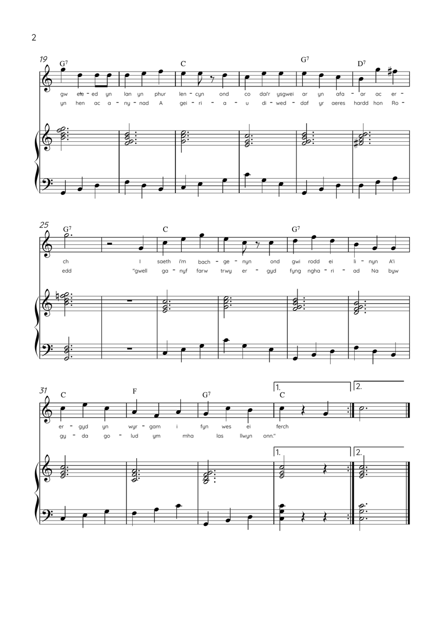 Llwn Onn - flute & Piano in C Major With Lyrics & Chords (Traditional lyrics of the original Welsh) Flute Solo scores gallery preview page 2