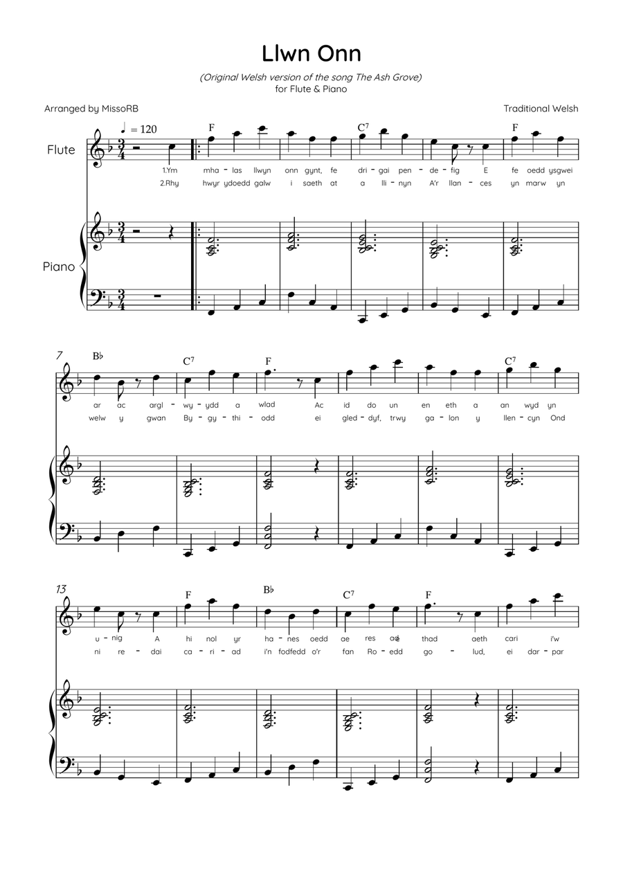 Llwn Onn - flute & Piano in F Major With Lyrics & Chords (Traditional lyrics of the original Welsh) Flute Solo scores gallery preview page 1