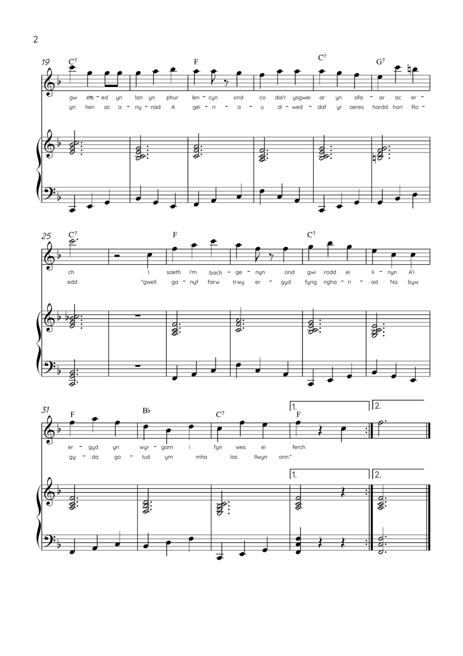 Llwn Onn - flute & Piano in F Major With Lyrics & Chords (Traditional lyrics of the original Welsh) Flute Solo scores gallery preview page 2