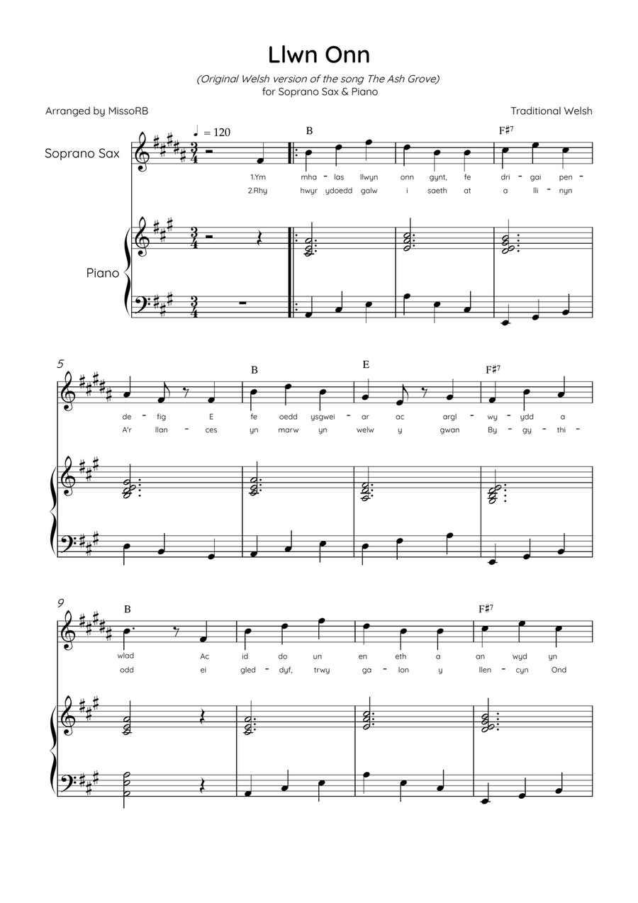 Llwn Onn - Soprano Sax & Piano in A Major With Lyrics & Chords (Trad.lyrics of the original Welsh) Soprano Saxophone scores gallery preview page 1