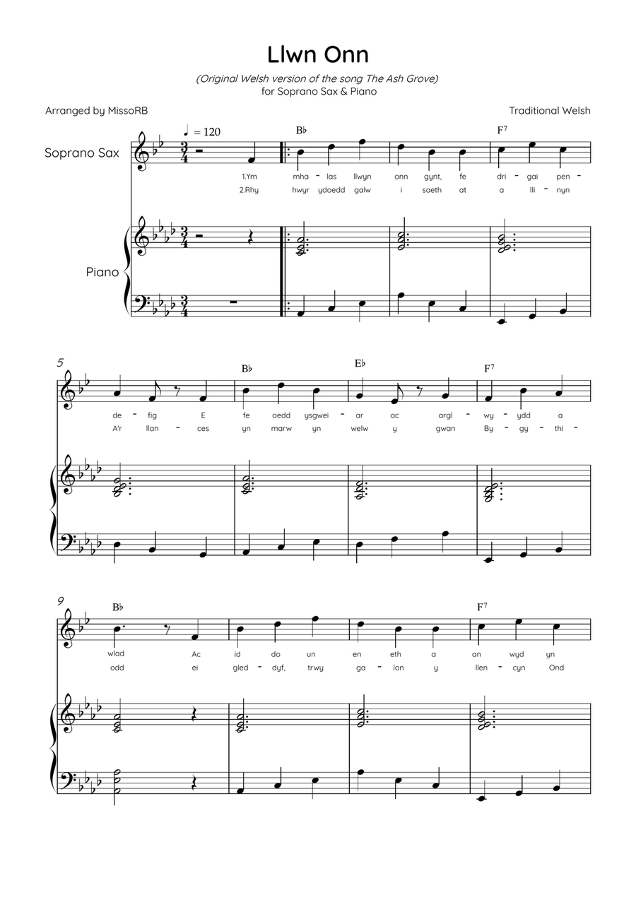Llwn Onn - Soprano Sax & Piano in Ab Major With Lyrics & Chords (Trad.lyrics of the original Welsh) Soprano Saxophone scores gallery preview page 1