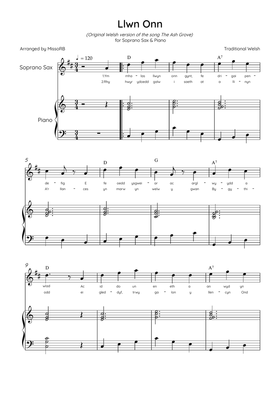 Llwn Onn - Soprano Sax & Piano in C Major With Lyrics & Chords (Trad.lyrics of the original Welsh) Soprano Saxophone scores gallery preview page 1