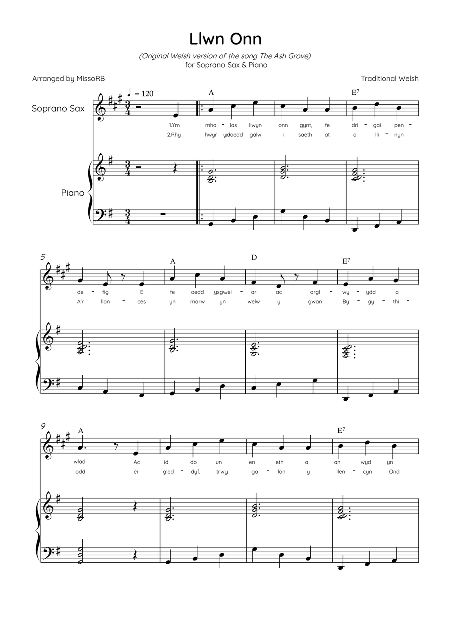 Llwn Onn - Soprano Sax & Piano in G Major With Lyrics & Chords (Trad.lyrics of the original Welsh) Soprano Saxophone scores gallery preview page 1