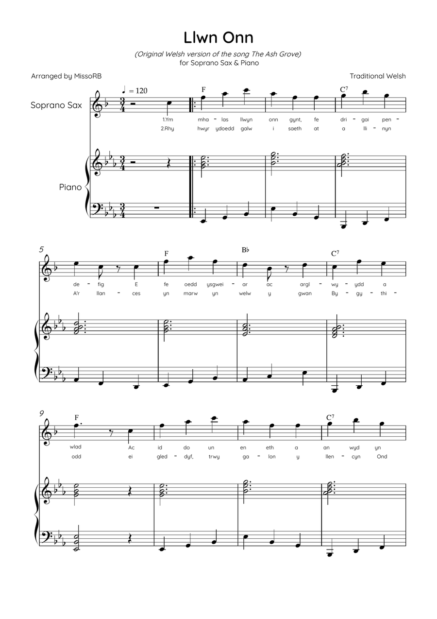 Llwn Onn - Soprano Sax & Piano in Eb Major With Lyrics & Chords (Trad.lyrics of the original Welsh) Soprano Saxophone scores gallery preview page 1