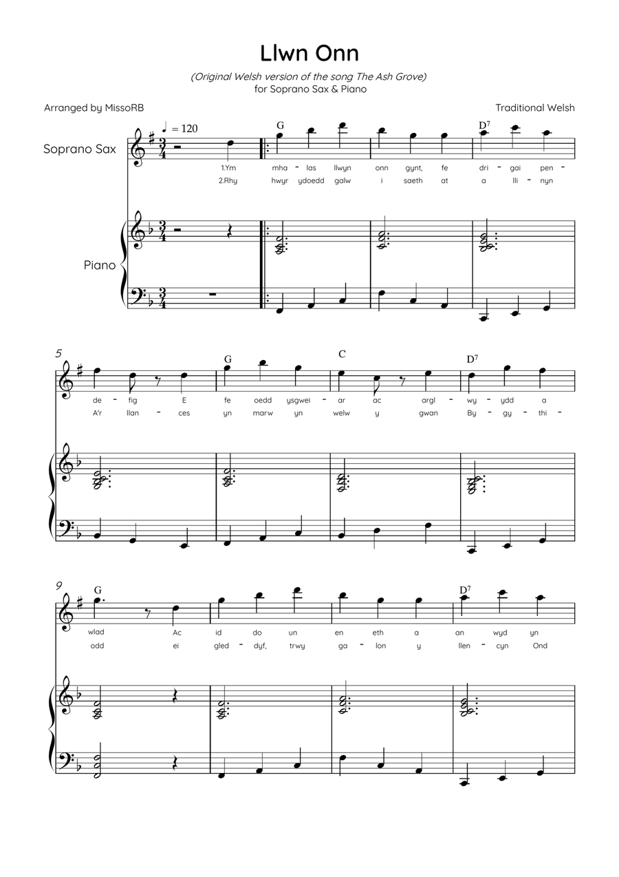 Llwn Onn - Soprano Sax & Piano in F Major With Lyrics & Chords (Trad.lyrics of the original Welsh) Soprano Saxophone scores gallery preview page 1