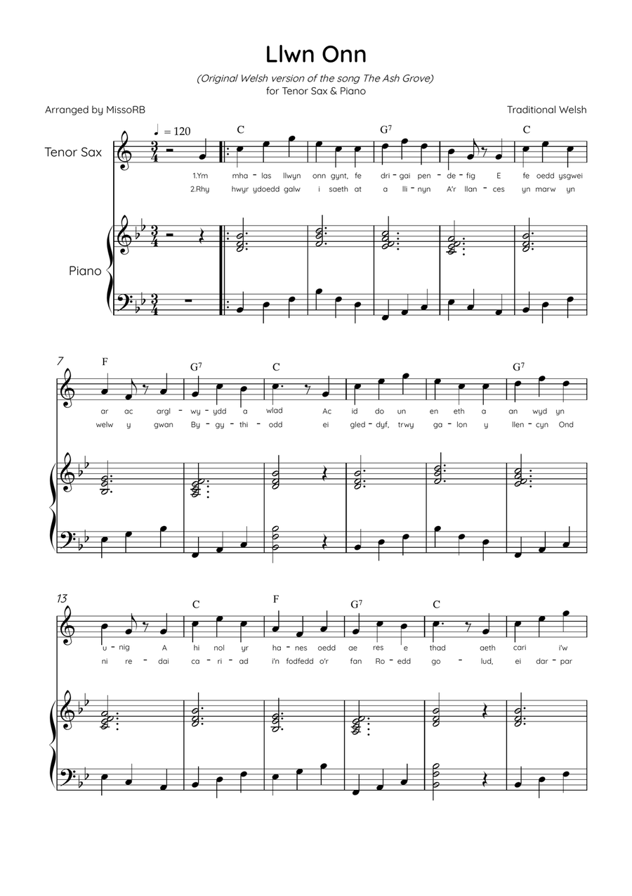 Llwn Onn - Tenor Sax & Piano in Bb Major With Lyrics & Chords (Trad. lyrics of the original Welsh) Tenor Saxophone scores gallery preview page 1