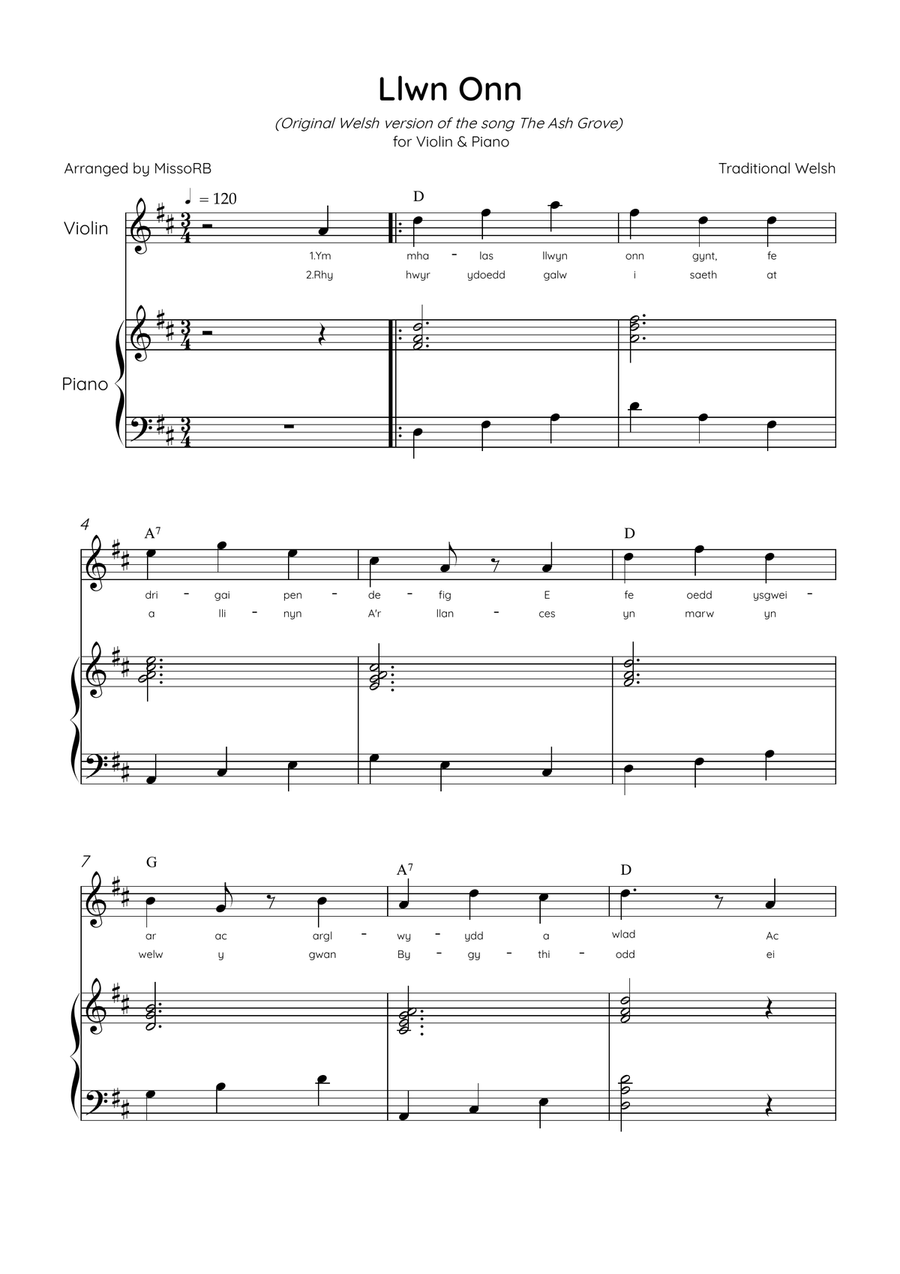 Llwn Onn - Violin & Piano in D Major With Lyrics & Chords (Trad. lyrics of the original Welsh) Violin Solo scores gallery preview page 1