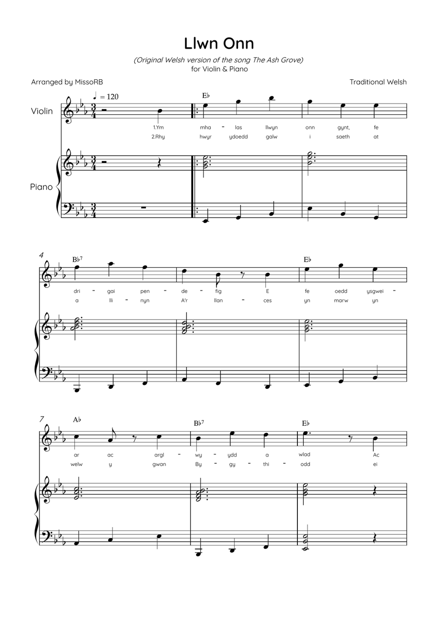 Llwn Onn - Violin & Piano in Eb Major With Lyrics & Chords (Trad. lyrics of the original Welsh) Violin Solo scores gallery preview page 1