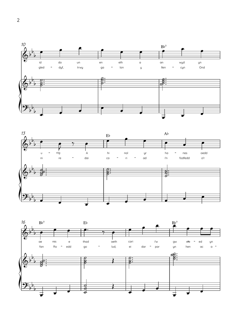 Llwn Onn - Violin & Piano in Eb Major With Lyrics & Chords (Trad. lyrics of the original Welsh) Violin Solo scores gallery preview page 2